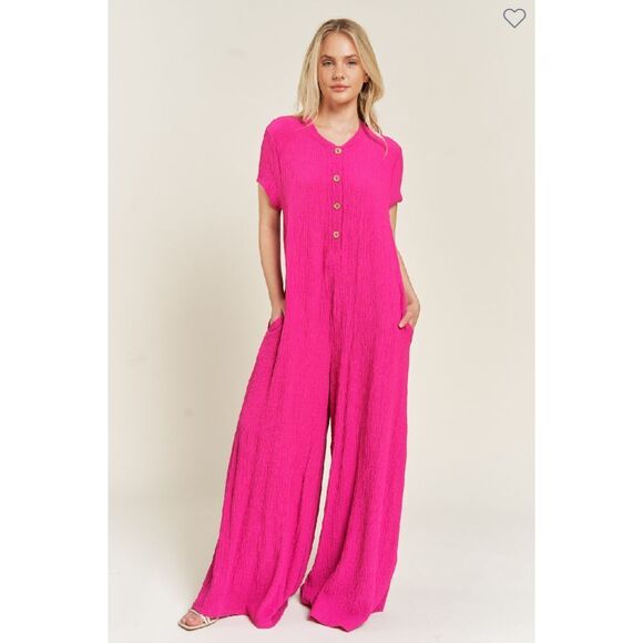 Jade by Jane Pants - Jade by Jane XL Jumpsuit textured shirt sleeve‎ fushia NWOT